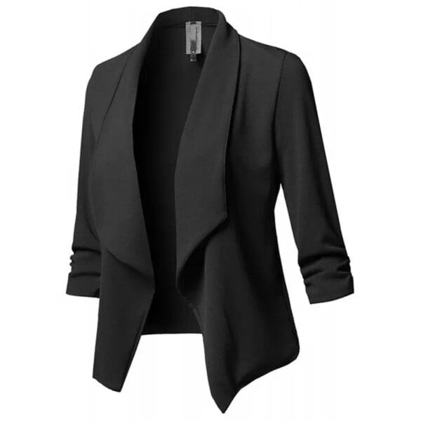 A black jacket with three quarter sleeves and a collar.