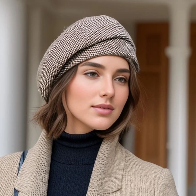 A woman wearing a hat and jacket outside.