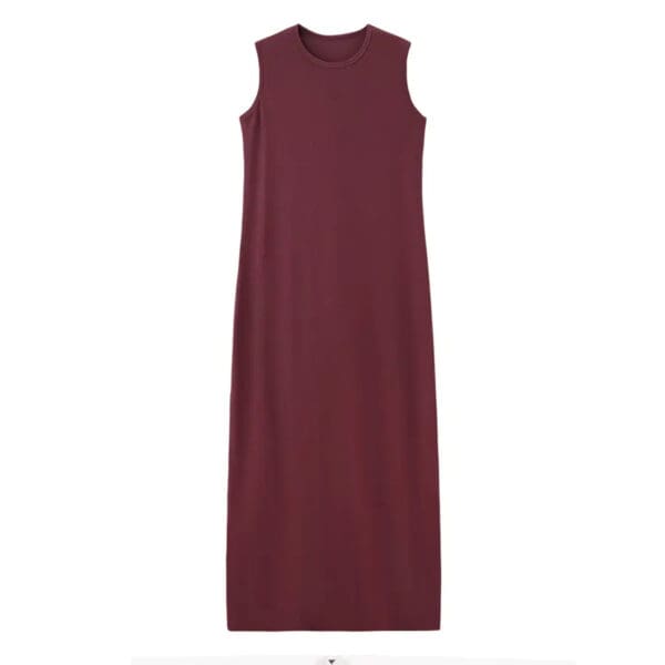 A long dress with a round neck and sleeveless.