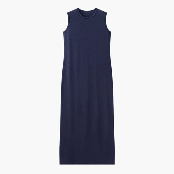 A long dress with a round neck and sleeveless.