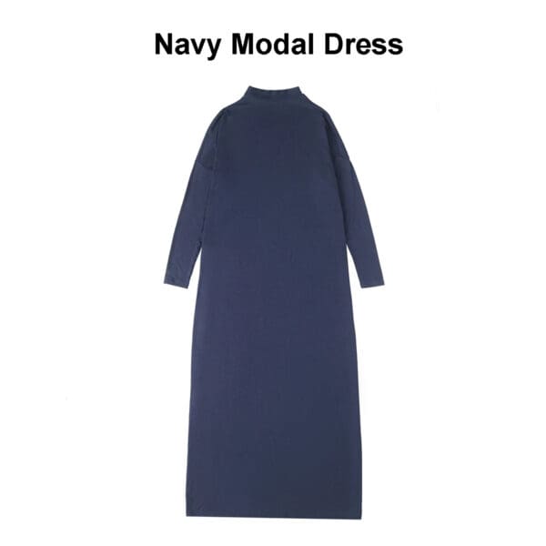 A navy modal dress with long sleeves and a high neck.