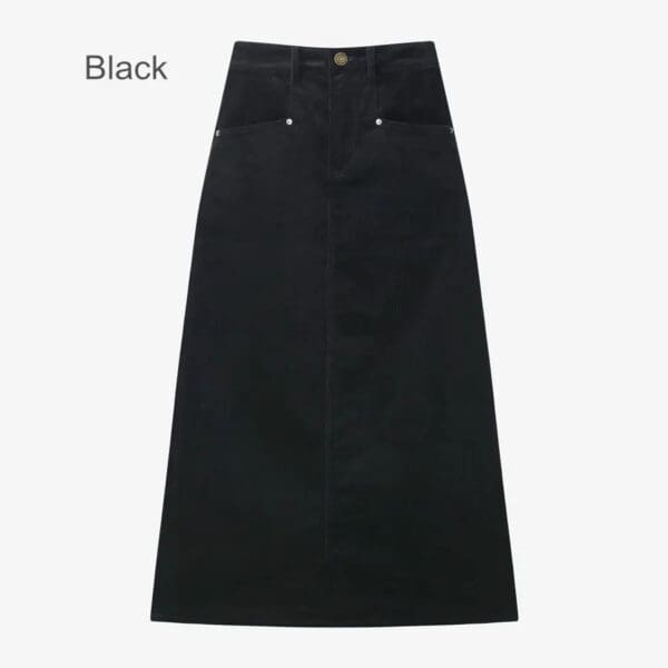 A black long skirt with two pockets on the front.