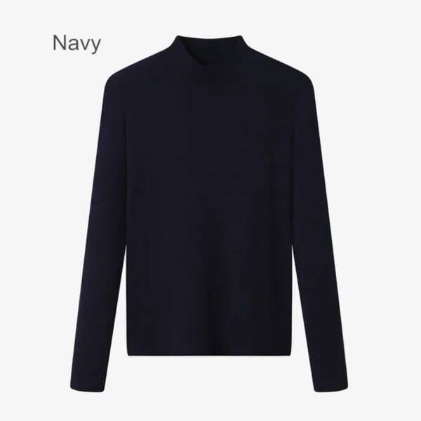 A navy blue sweater is shown on the white background.