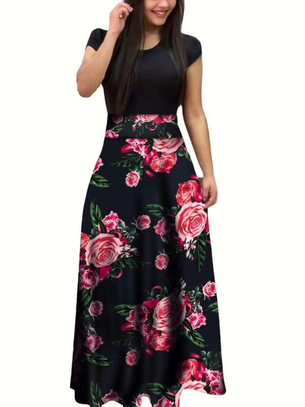 A woman in black and pink floral dress