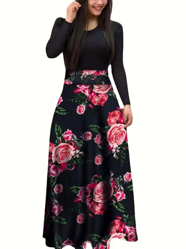 A woman in black shirt and floral skirt