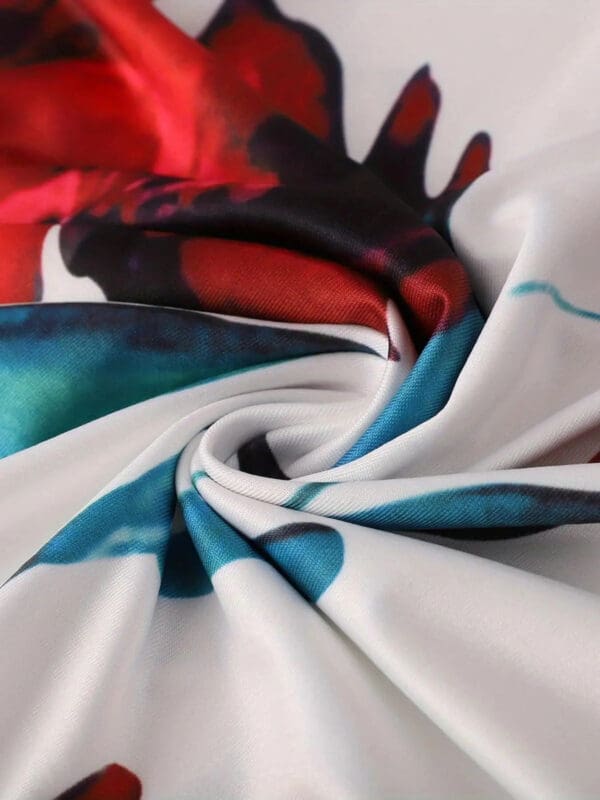 A close up of the fabric with red and blue designs