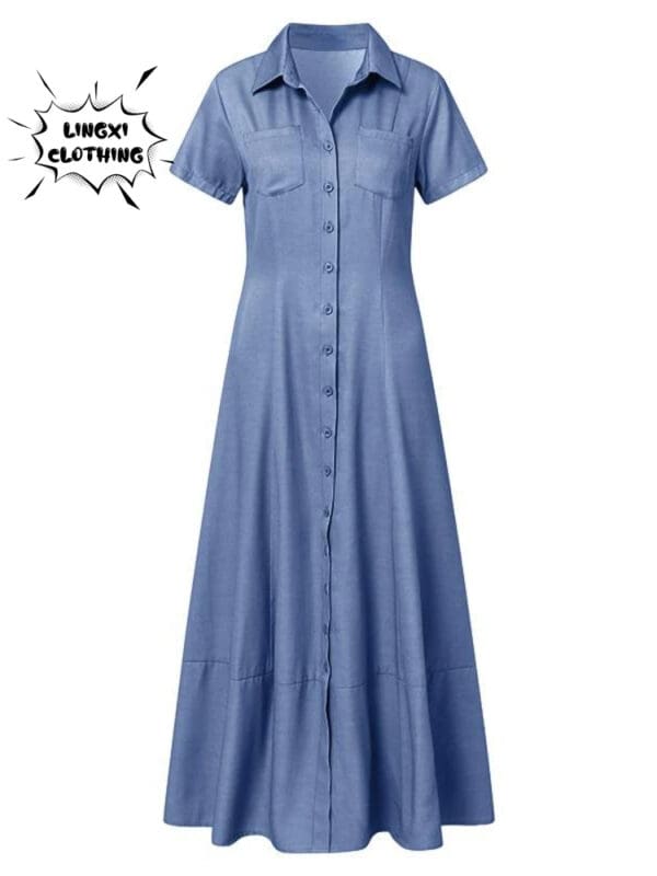 A blue dress with short sleeves and buttons.