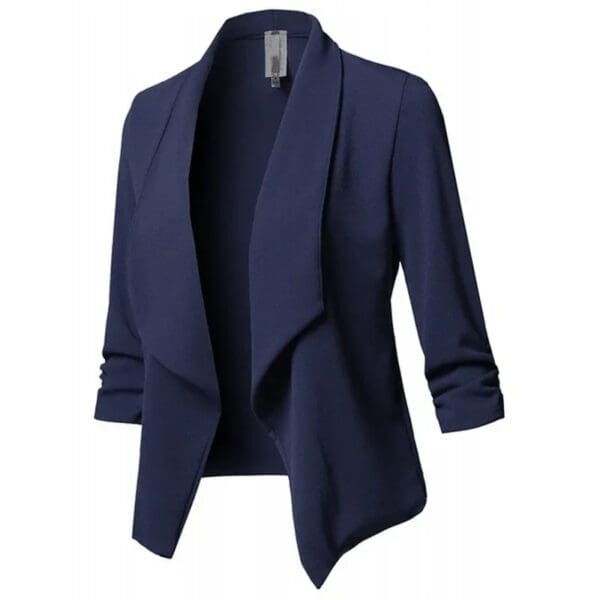 A women 's navy blue blazer with three quarter sleeves.