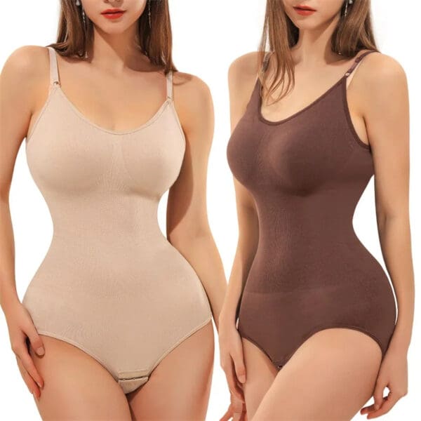 A woman in beige and brown one piece swimsuits