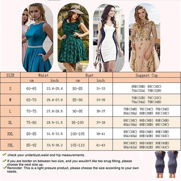 A chart showing the different sizes of dresses.