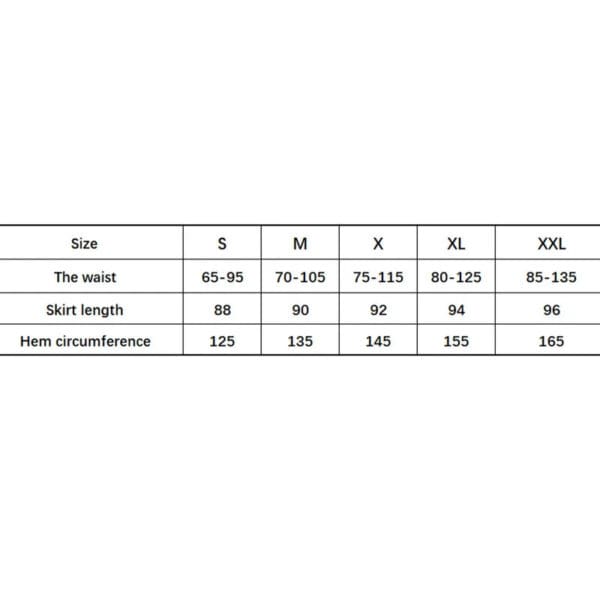 A table with the measurements of each size.