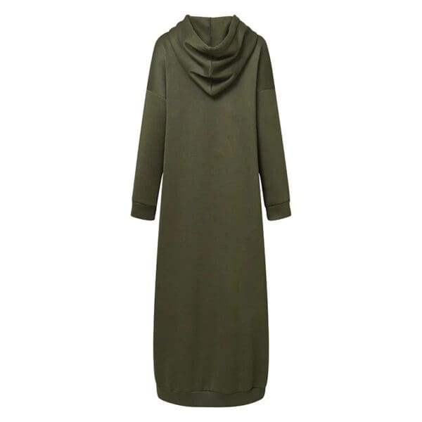 A long green hooded dress with pockets.