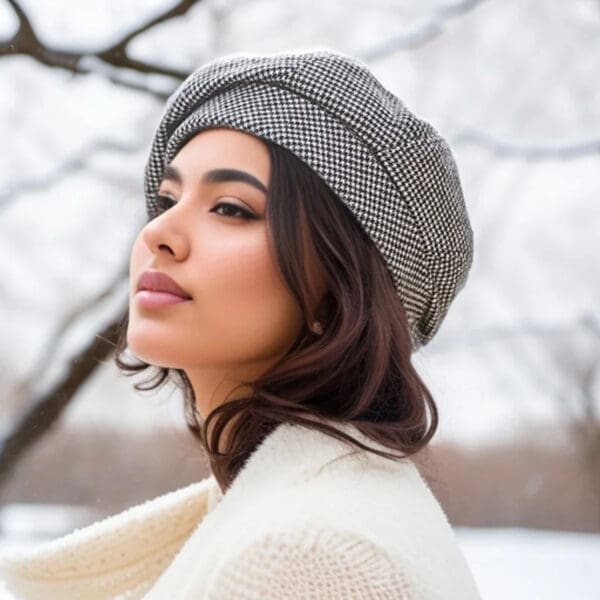 A woman wearing a hat in the snow.