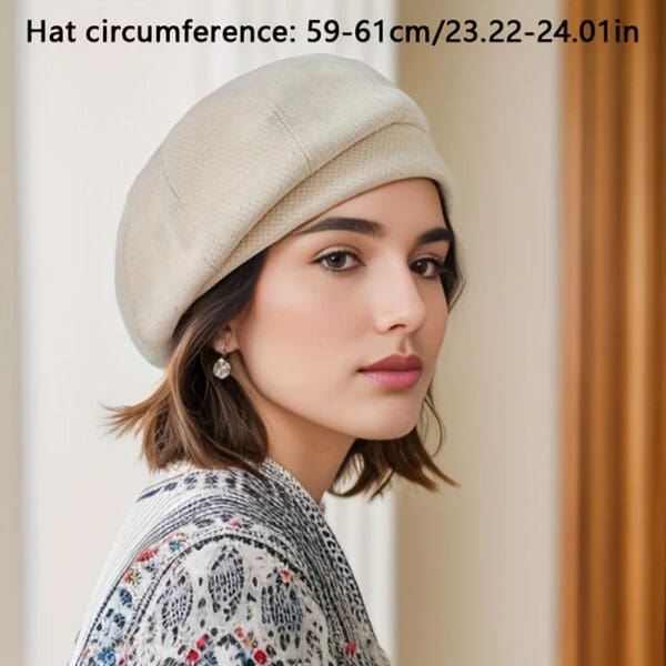 A woman wearing a white hat with the caption " circumference 5 9-6 1 cm / 2 3. 2 2-2 4.