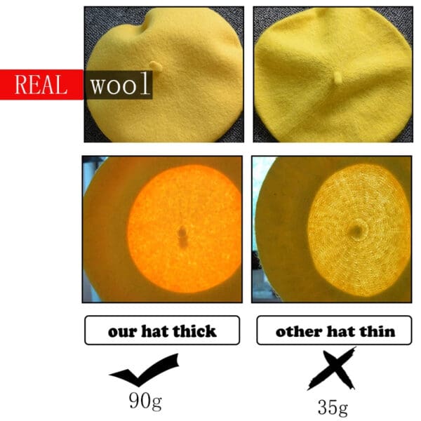 A picture of two different hats with the words " real wool ".