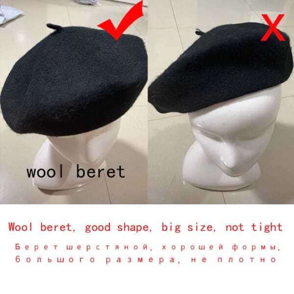 A black beret is shown with two arrows pointing to the wrong side.