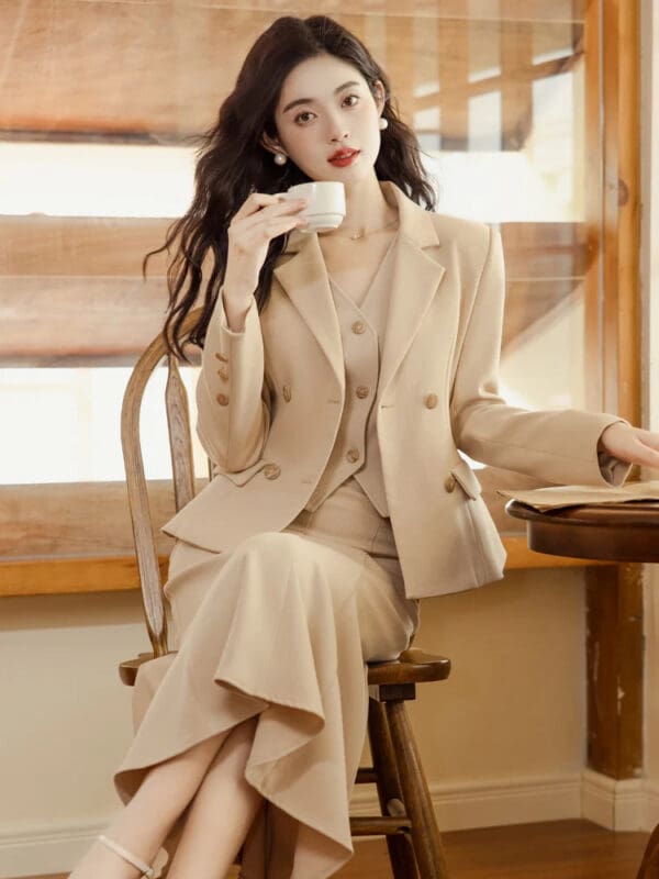 A woman in beige suit sitting at a table.