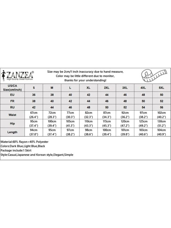 A table with the size of each item in it.